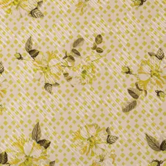 White & Chartreuse Green Cotton Floral Print Self Embroidery Fabric