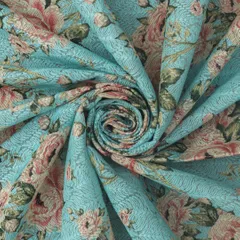 Sky Blue Kota Floral Print Threadwork Embroidery Fabric