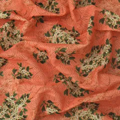Carrot Pink Kota Floral Print Threadwork Embroidery Fabric