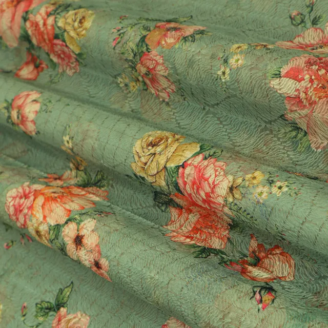 Green Base Kota Floral Print Threadwork Embroidery Fabric