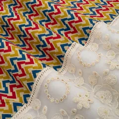 Multicolour Cotton Print with White Floral Threadwork Border Plazo Fabric