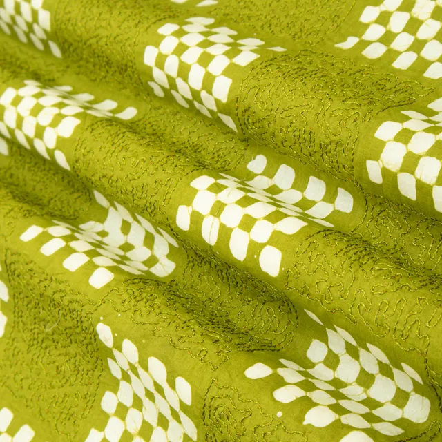 Green Cotton Batik Print Threadwork Embroidery Fabric