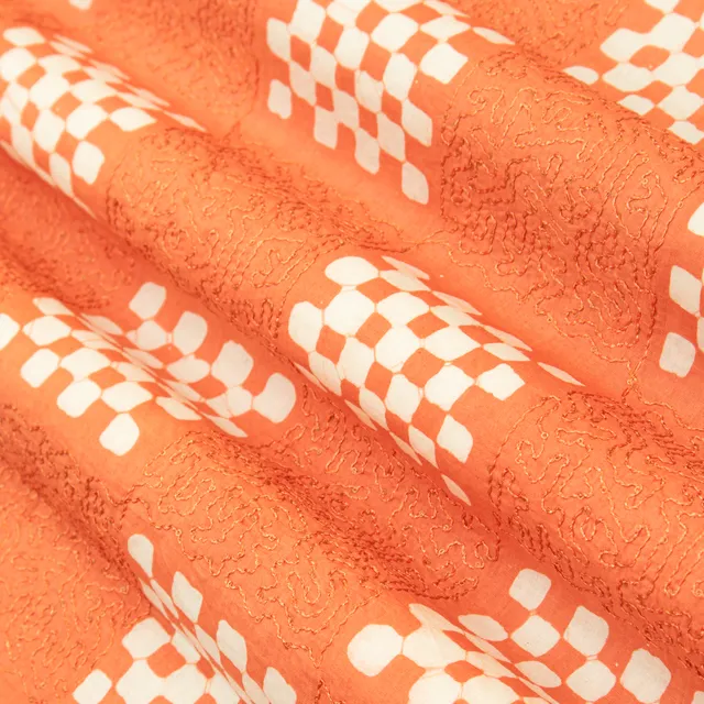 Carrot Pink Cotton Batik Print Threadwork Embroidery Fabric