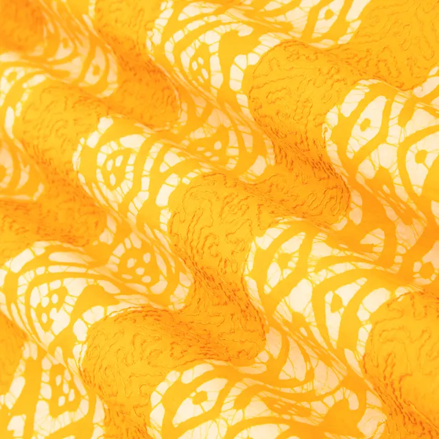 Bright Yellow Cotton Batik Print Threadwork Fabric