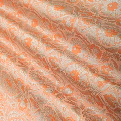 Orange Satin Brocade Motif Silver Zariwork Fabric