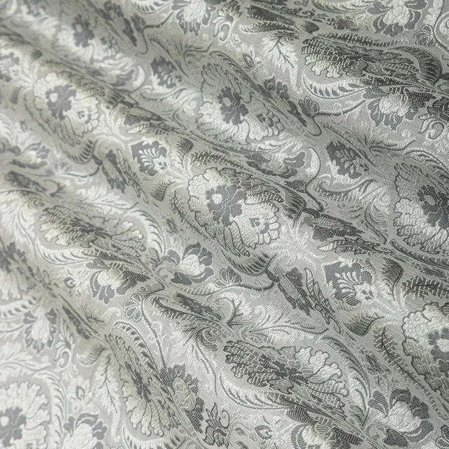 Gray Satin Brocade Motif Silver Zariwork Fabric