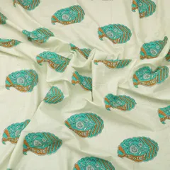Frost White Cotton Cyan Floral Print Fabric