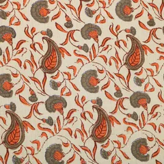 Pearl White Cotton Orange Floral Print Fabric