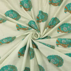 Frost White Cotton Cyan Floral Print Fabric