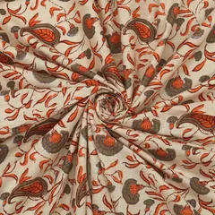 Pearl White Cotton Orange Floral Print Fabric