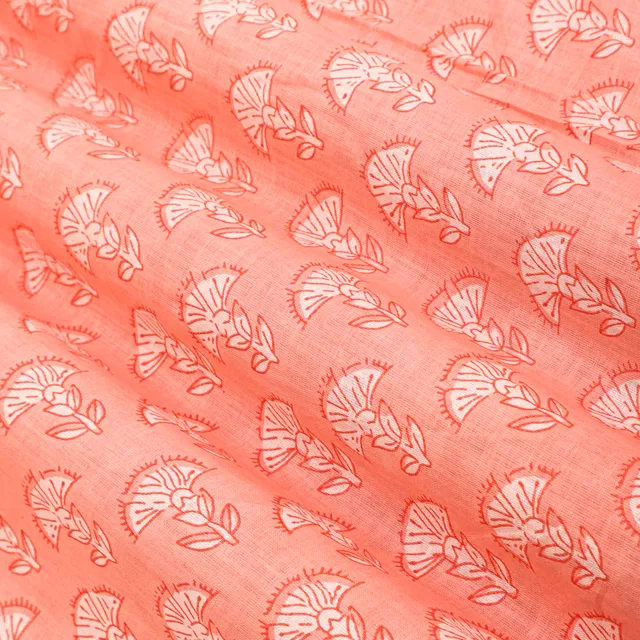 Salmon Pink Cotton Motif Print Fabric