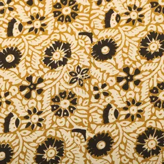 Camel Brown Cotton Black Floral Kalamkari Print Fabric