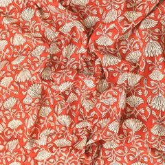 Scarlet Red Cotton Beige Floral Kalamkari Print Fabric