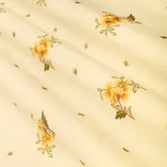 Alabaster White Cotton Floral Yellow Threadwork Sequins Embroidery Fabric