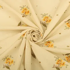 Alabaster White Cotton Floral Yellow Threadwork Sequins Embroidery Fabric