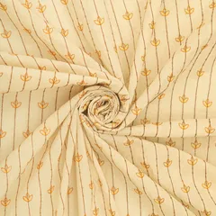 Daisy White Cotton Stripe Pattern Floral Mustard Yellow Threadwork Sequins Embroidery Fabric