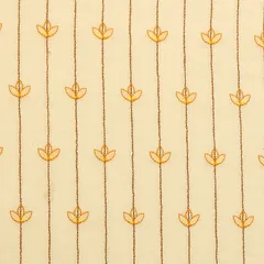 Daisy White Cotton Stripe Pattern Floral Mustard Yellow Threadwork Sequins Embroidery Fabric