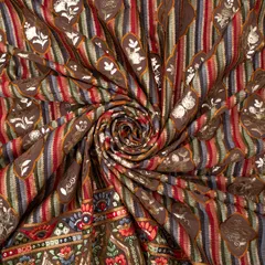 Chocolate Brown Georgette Floral Patch Threadwork with Mirrorwork Sequin Embroidery Fabric
