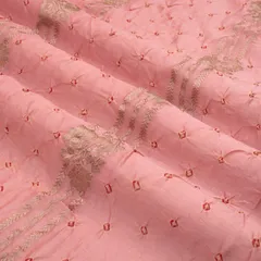 Beautiful Bandhani Embroidery With Dim Golden Floral Zariwork On Pink Brocade Fabric