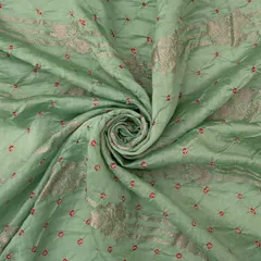 Beautiful Bandhani Embroidery With Silver Floral Zariwork On Mint Green Brocade Fabri
