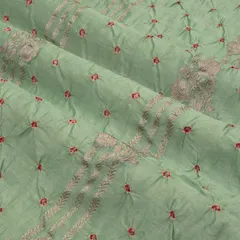 Beautiful Bandhani Embroidery With Silver Floral Zariwork On Mint Green Brocade Fabri