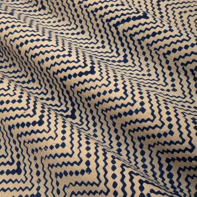 Peanut Brown Cotton Navy Blue Zigzak Kalamkari Print Fabric