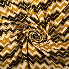 Caramel Brown & Jet Black Cotton Zigzak Pattern Kalamkari Print Fabric