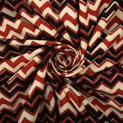 Crimson Red & Black Cotton Zigzak Pattern Kalamkari Print Fabric