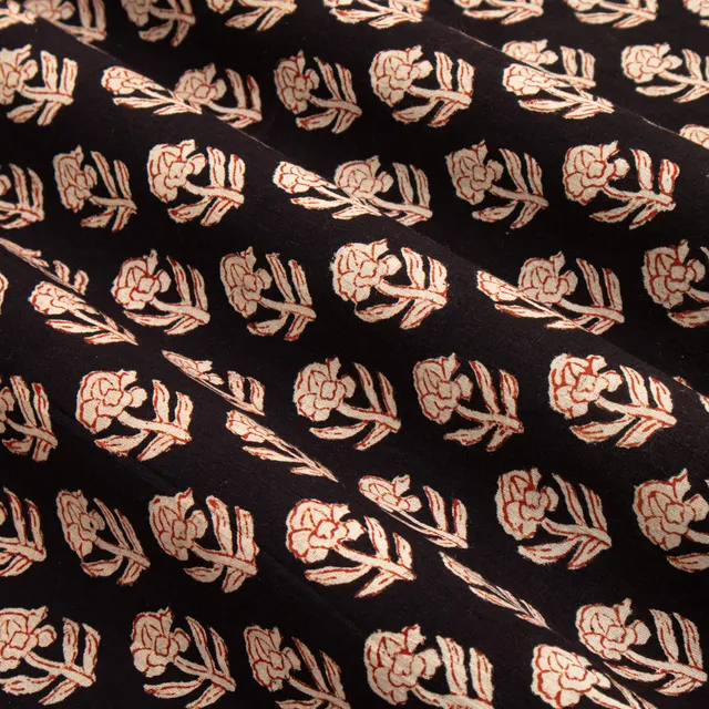 Coal Black Cotton Floral Kalamkari Print Fabric