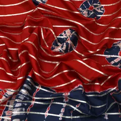 Blood Red, Blue and White Tie-Dye Print Gota Embroidery Mulmul Silk Fabric