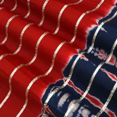 Blood Red, Blue and White Tie-Dye Print Gota Embroidery Mulmul Silk Fabric