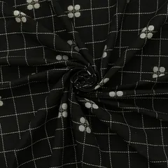 Raven Black Cotton Linen Check Pattern Print Fabric
