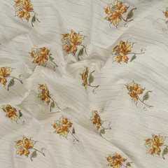 White Cotton Lurex Yellow Floral Print Stripe Sequins Embroidery Fabric