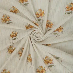 White Cotton Lurex Yellow Floral Print Stripe Sequins Embroidery Fabric