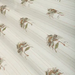 Pearl White Cotton Lurex Brown Floral Print Stripe Sequins Embroidery Fabric