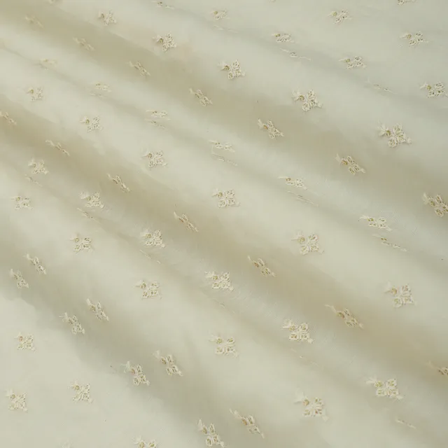 White Chanderi Floral Threadwork Sequin Embroidery Fabric