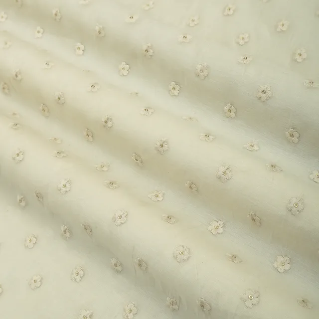 Pearl White Chanderi Floral Threadwork Sequin Embroidery Fabric