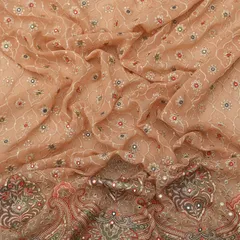 Traditional Look Peach Georgette Floral Mirror Work Sequin Embroidery Fabric