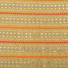 Traditional Look Bright Yellow Georgette Stripe Mirror Work Sequin Embroidery Fabric