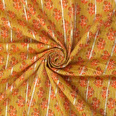 Sheen Green Cotton Floral Print Threadwork Embroidery Gota Work Fabric