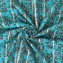 Aqua Blue & Black Cotton Floral Print Threadwork Embroidery Gota Work Fabric