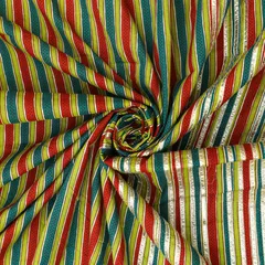Olive Green & Blue Cotton Zigzak Stripe Print Threaddwork Border Gota work Sequin Embroidery Fabric