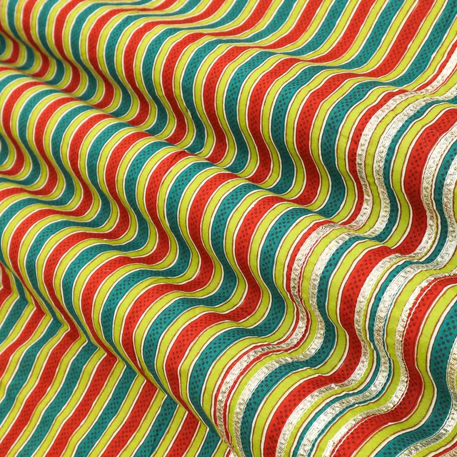 Olive Green & Blue Cotton Zigzak Stripe Print Threaddwork Border Gota work Sequin Embroidery Fabric