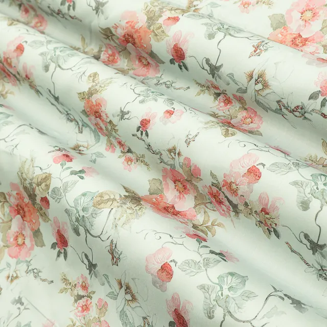 White Chanderi Floral Print Fabric