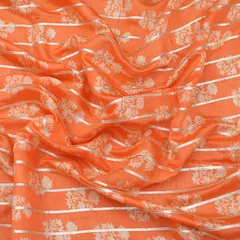 Peach and White Print Gota Embroidery Mulmul Silk Fabric