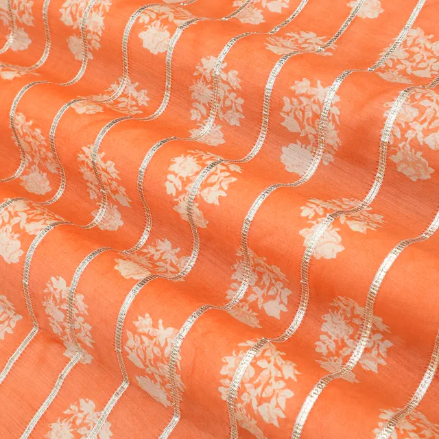 Peach and White Print Gota Embroidery Mulmul Silk Fabric