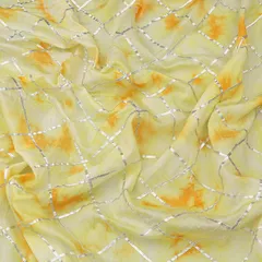 Sunshine Yellow and White Tie-Dye Print Gota Embroidery Mulmul Silk Fabric