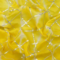 Lemon Yellow and White Tie-Dye Print Gota Embroidery Mulmul Silk Fabric