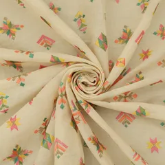 Snow White Cotton Motif Thread Mirror Work Sequin Embroidery Fabric