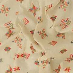 Light Beige Cotton Multicolour Motif Thread Mirror Work Sequin Embroidery Fabric